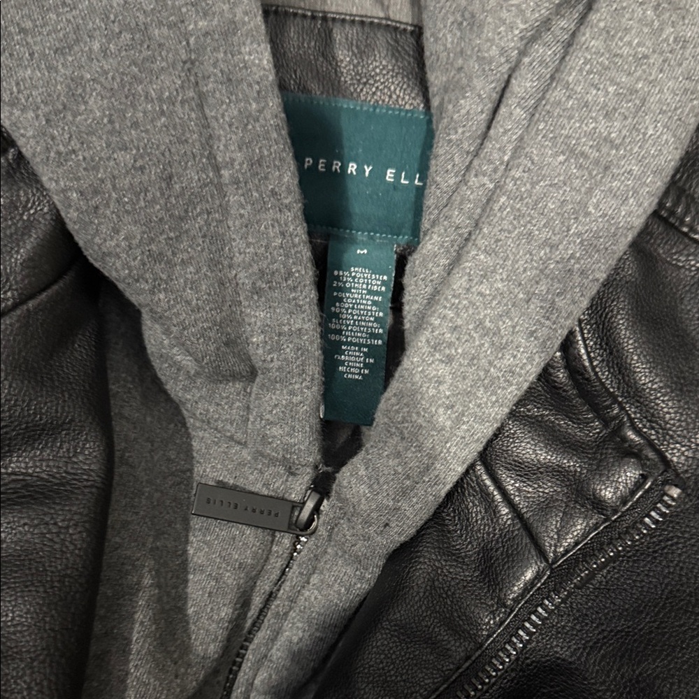 Men's Black Faux Leather Jacket with gray Hoodie medium Perry Ellis zip up - Picture 5 of 5